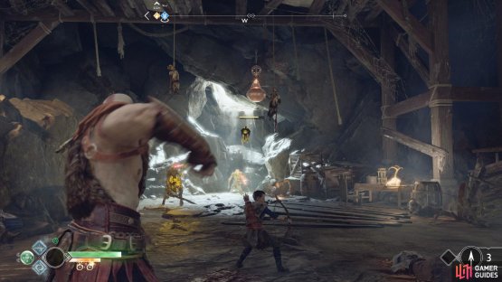Toss the axe at the disc to drop the bomb on the enemies