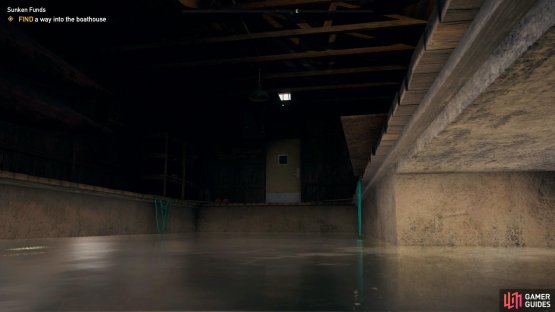 Swim around the boathouse and under to access the locked door