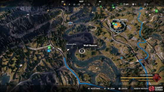 Travel west from the F.A.N.G. Center to the center of the Moccassin River