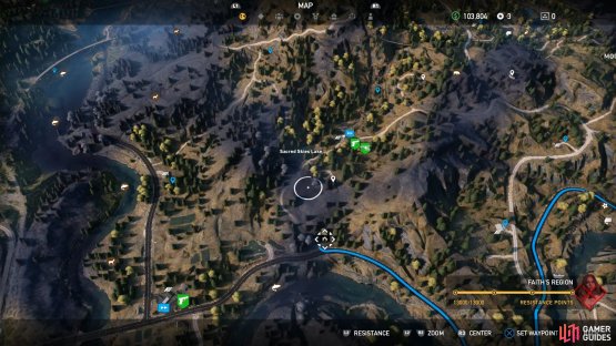 Search the area south of Sacred Skies Lake