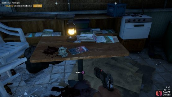 head up the stairs and check on the table to find the comic.