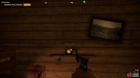 search the bedroom in the cabin to find the Card on the shelf.