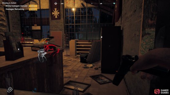 climb through the window here and hide behind the counter.