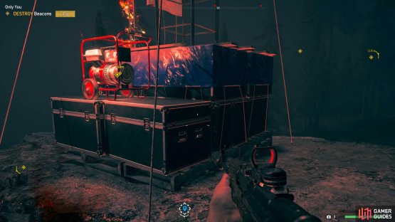 Shoot the radios on the front of the beacons to explode them