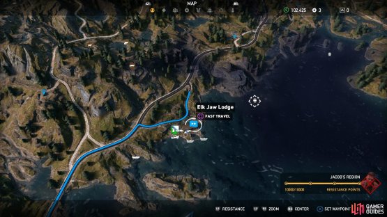 Fast Travel to Elk Jaw Lodge and head northeast