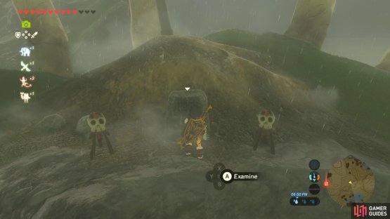 The rock slab that starts this Shrine Quest is here near skulls and three pedestals