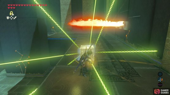 Use stasis to freeze the ice cube and hit so it slides beneath the fire jets.