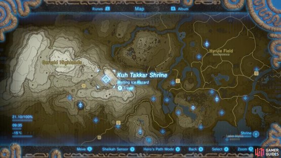 Kuh Takkar Shrine is found northeast of Gerudo Tower. 