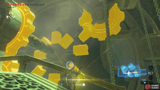 Freeze the stone block before it falls down so it hits the other cog