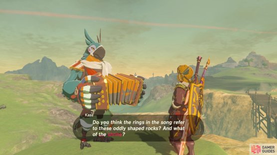 The Two Rings shrine quest is given by Kass who’s playing his tunes nearby