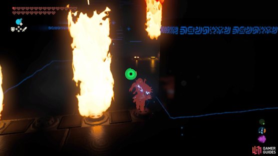 Observe the flame pillars; wait for one to disappear, then run past.