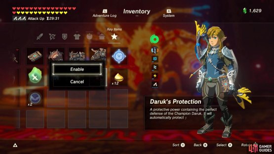 Keep Daruk&rsquo;s Protection disabled until the red shield phase.