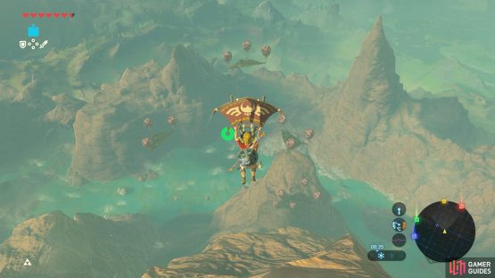 To reach all the platforms, glide down from atop the nearby crag to the north.