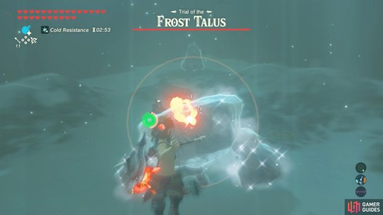 Glide towards the Talus and shoot it with a Fire Arrow.
