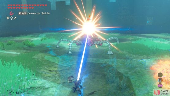 The moment the laser leaves the Guardian&rsquo;s eye, press A to parry the laser back.