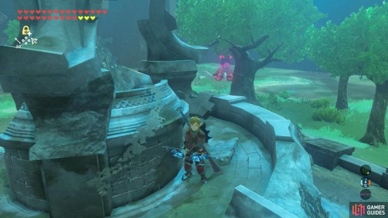 While standing on the bowl of the fountain, grab the Guardian&rsquo;s attention.