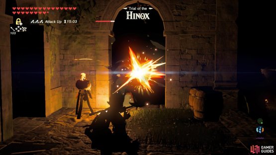 Two of the buildings have open windows you can shoot the Hinox from.