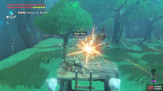 As you climb the ladder, the Bokoblin should notice you. But it has poor reflexes.