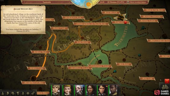 The location of Swamp Witch&rsquo;s Hut (southwest) in relation to your capital (northeast).