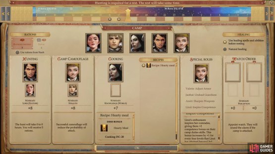 Select your character to various roles, being sure to cover hunting, camouflage and cooking, at least