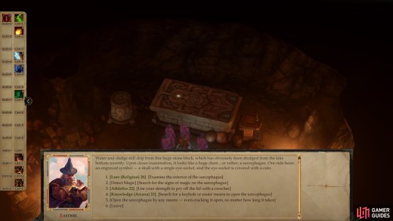 then examine the sarcophagus, which you can open with various checks.