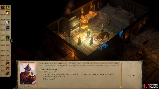Investigate by talking to the guests at the lodge and examining various objects of interest,