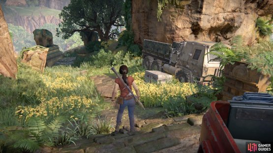 The truck outside the ruin&rsquo;s entrance