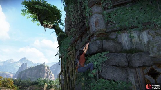Use the handholds and grapple hook to traverse the tower