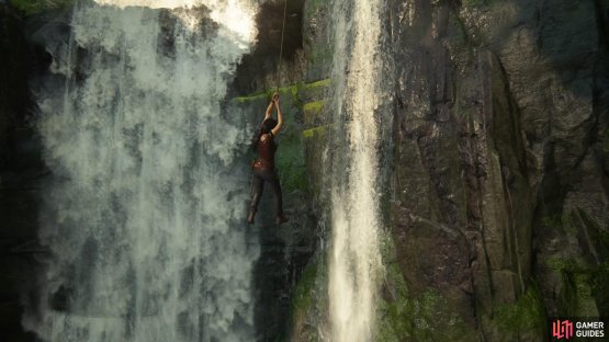Swing to the handholds by the waterfall