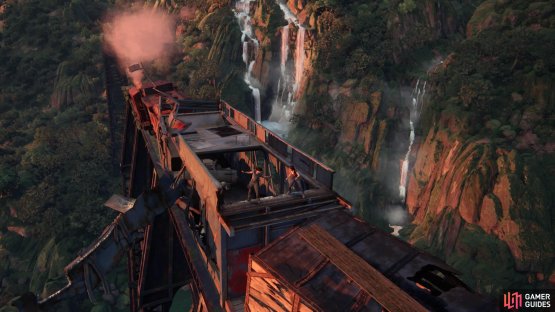 Sprint along the train to escape falling to your death