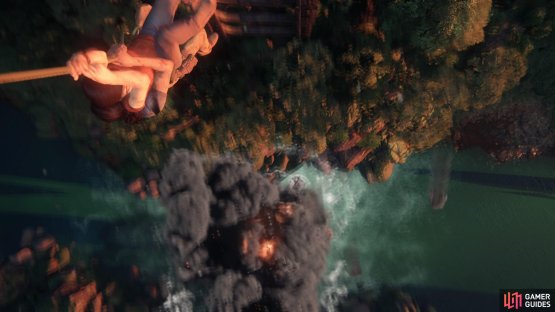 Chloe and Nadine hang on as the train explodes below them
