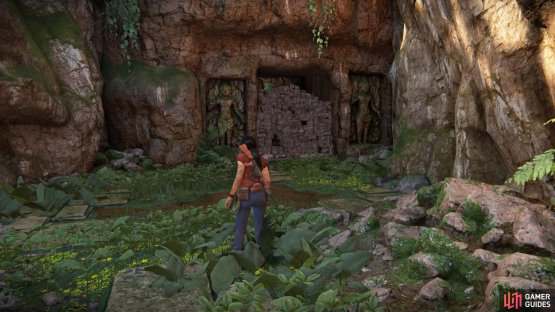 Swing over to the ruins on the other side