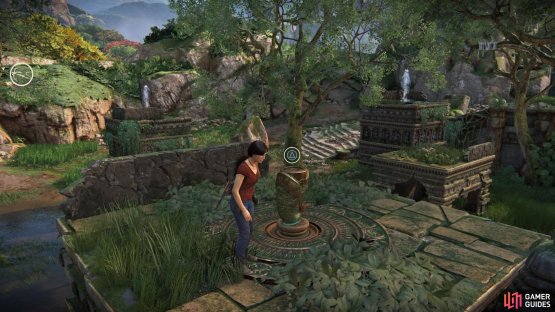 Interact with the fish podium to activate the fountains