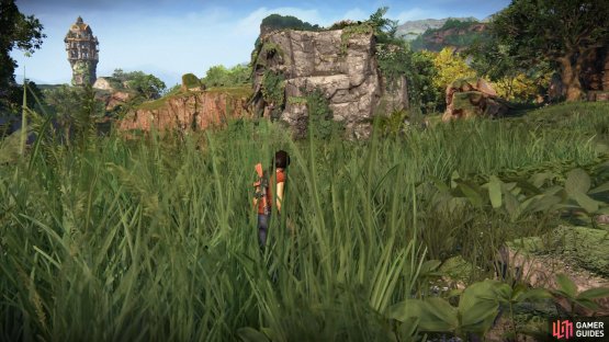 Look for the elephant statue outside the ruin with the bells