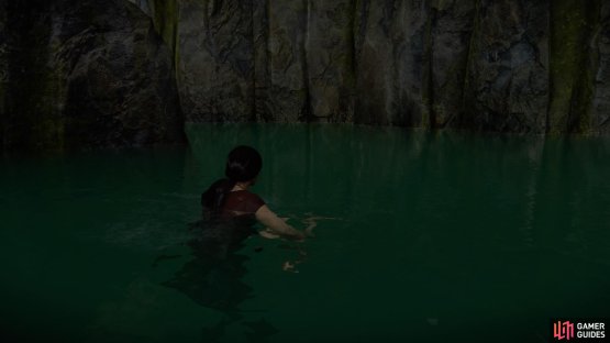 Dive beneath the water to seek out the treasure along the wall