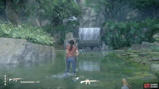 Look for the truck by the waterfall
