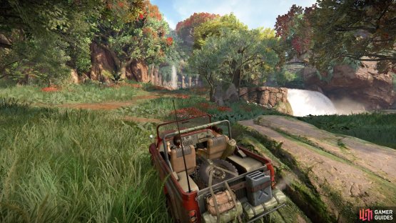 Have the view of the small waterfall on your right