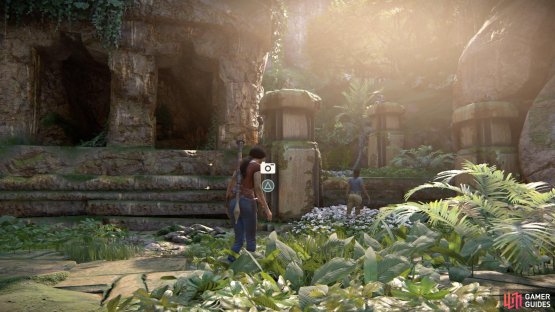 Stand by the pillar in front of the ruin and wait