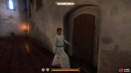 Follow Pious out of the monastery after he has dropped the blood.
