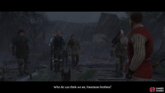 The cutscene will end with Zvyshek returning with a group of bandits and their leader, Runt.