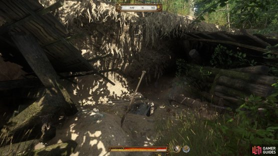 The treasure can be found within the ruins of a small house.
