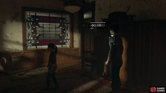 Move throughout the upstairs rooms to hide