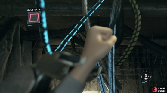 Pull the blue cable after the green one