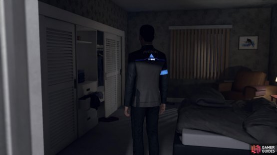 Go into the bedroom directly opposite the bathroom