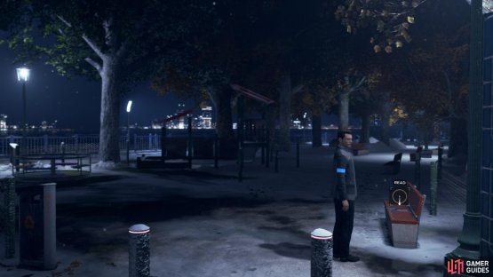 Find the magazine on the bench ahead of you