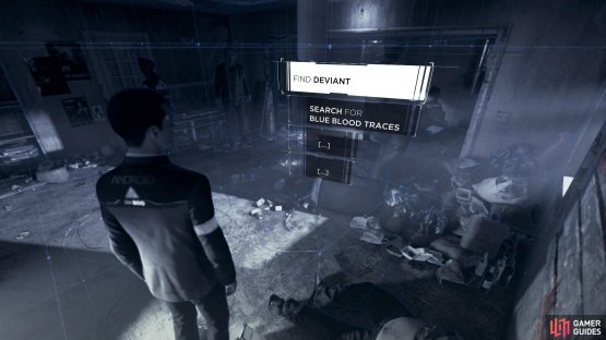 Use R2 to highlight the blue blood trail on the floor