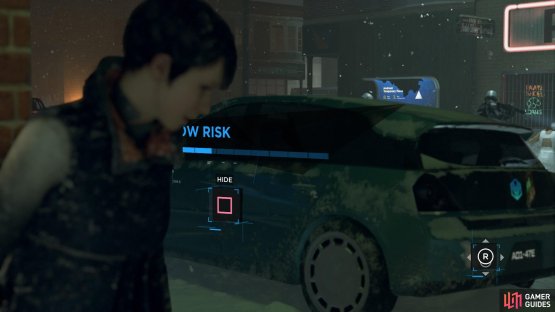 Hide from the soldiers behind the cars along the way