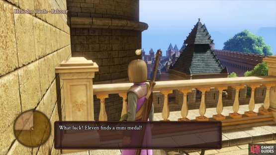 exit onto the balcony to find more barrels and pots to break, one of which contains a Mini Medal.