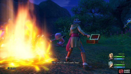 Sizz will hit both characters for around 15 HP, be sure to keep your HP above 20 at all times