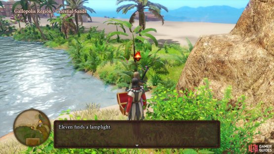Search to the south of the North Camp to find a chest with a Lamplight, useful for Serena’s Wand